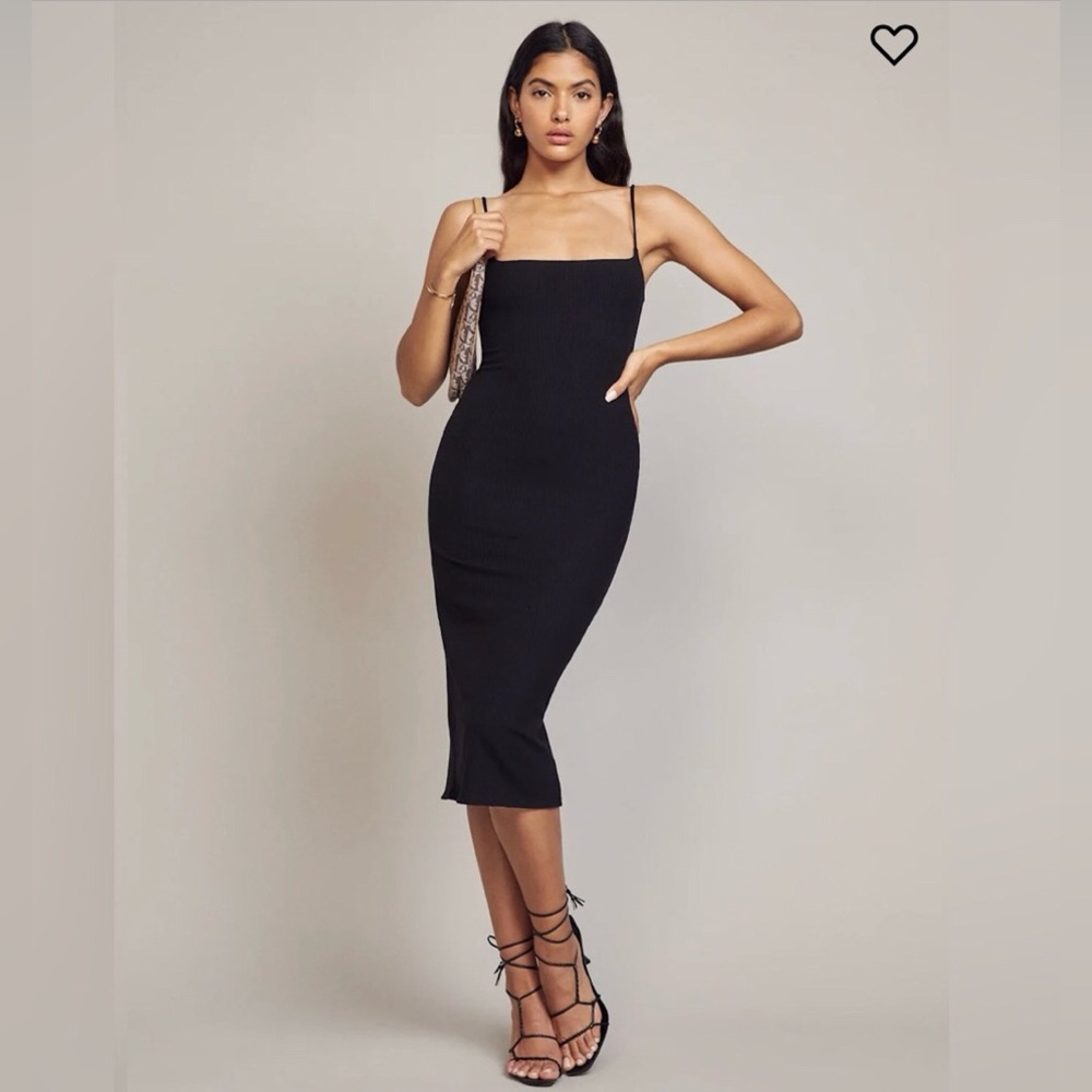 Sleek Sexy Reformation Black Ribbed fitted Midi Dress with thin spaghetti straps - Picture 2 of 15